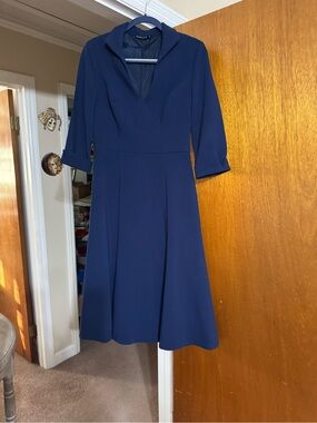 Black Halo Navy A-Line Midi Dress with V-Notch Collar